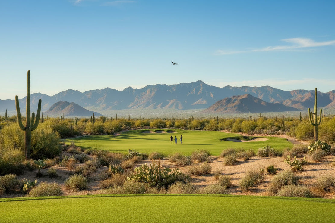 Golfers on a green course with cacti and mountains in the background